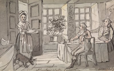 Figuurit istuvat pöydän ääressä, joille tarjoillaan ruokaa, Crockem Wells, Devonshire tekijältä John Nixon