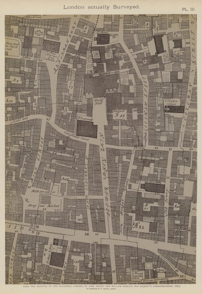 Lontoon Cityn osan kartta, joka näyttää Guildhallin sijainnin tekijältä John Ogilby