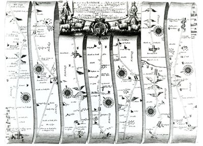 Tie Lontoosta Wellsiin ja Bury St. Edmundsiin, Ogilbyn Britanniasta, 1675 (kaiverrus) tekijältä John Ogilby