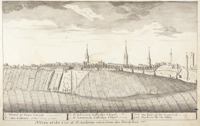 St Andrews Delineated - Näkymä St Andrewsin kaupungista kaakosta (lyijykynä ja pesu paperille). tekijältä John Oliphant
