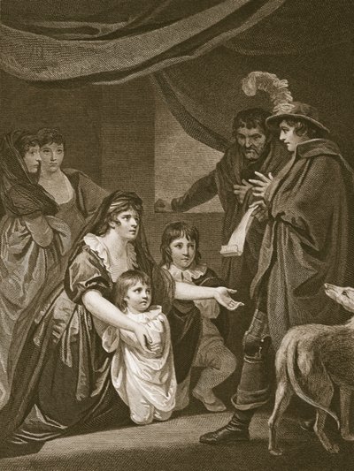Lady Elizabeth Gray rukoilee Edward IV:tä suojelemaan lapsiaan, kaiverrettu W. Bromley, kuvitus David Humen "The History of England", pubista. R. Bowyer, Lontoo, 1812 tekijältä John Opie
