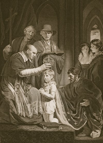 Henry VI:n kruunaus, T. Hollowayn kaiverrus, kuvitus David Humen teoksesta "Englannin historia", pub. R. Bowyer, Lontoo, 1812 tekijältä John Opie