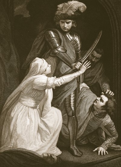 The Seizing of Mortimer, kaiverrettu J. Fittler, kuvitus David Humen teoksesta "The History of England", pub. R. Bowyer, Lontoo, 1812 tekijältä John Opie