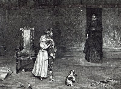 Derbyn kreivitärnän esiintyminen kultaisessa huoneessa, kohtaus Scottin Peveril of the Peak -elokuvasta Leisure Hour, 1888 tekijältä John Pettie