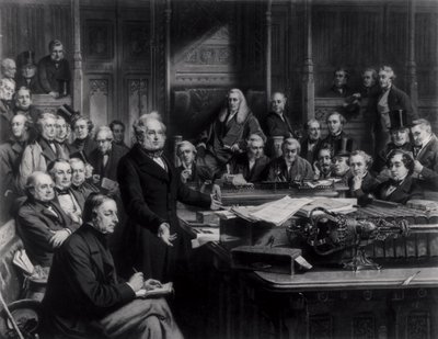 Alahuone vuonna 1860: Lordi Palmerston puhui parlamentille keskustelun aikana sopimuksesta Ranskan kanssa, kaiverrus Falkner, 1863 (katso myös 42219 ja 107821) tekijältä John Phillip