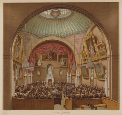 Valtuustohuone, Guildhall, Lontoon kaupunki (väri litho) tekijältä John Phillipp Emslie