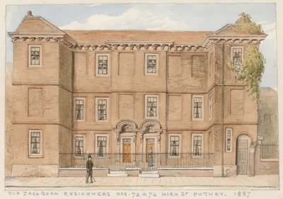 Vanhat Jacobean-asunnot, nro 72 ja 74, High Street, Putney, Lontoo, 1887 tekijältä John Phillipp Emslie