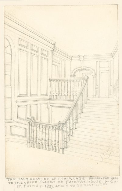 Fairfax House, High Street, Putney, High Street, Putney, 1887, eteisestä yläkerroksiin johtavan portaikon jatkaminen. tekijältä John Phillipp Emslie