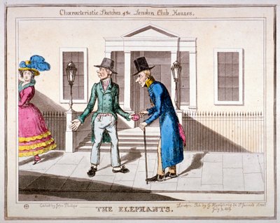"Lontoon klubitalojen tunnusomaisia luonnoksia": "Elefantit", 1829 tekijältä John Phillips