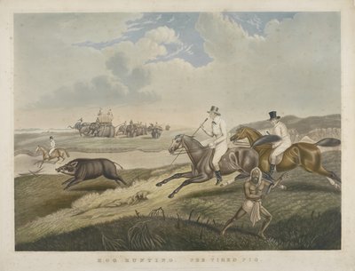 Hog Hunting: The Tired Pig, kaiverrus S.W. Fores (1785-1825) n. 1840 (käsinvärinen akvatinta) tekijältä John Platt
