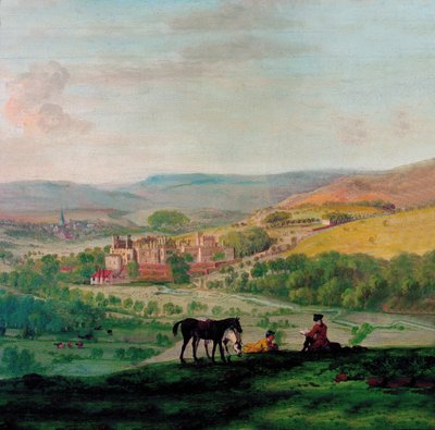 1700-luvun näkymä Haddon Hallista Bakewellin kylän taustalla tekijältä John Raphael Smith