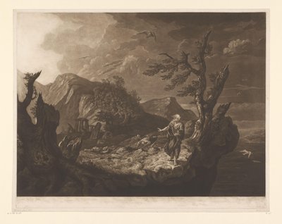 Myrskyinen maisema bardilla kallion reunalla tekijältä John Raphael Smith