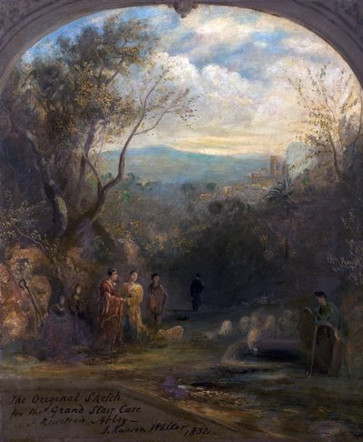 Alkuperäinen luonnos suurelle portaalle Newstead Abbeyssa, Nottinghamshire, 1832 tekijältä John Rawson Walker