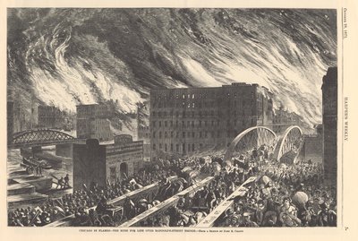 Chicago liekeissä – elämän kiire Randolph Streetin sillan yli, kuva Harpers Weeklystä, 1871 tekijältä John Reuben after Chapin