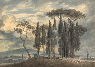 Villa Negronin puutarhassa Roomassa (lyijykynä ja akvarelli raapimalla) tekijältä John Robert Cozens