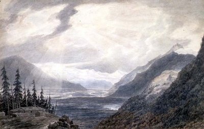 PD.6-1965 Pays de Valais, lähellä Genevejärveä, n. 1776 (intialainen muste, kynä ja pesu paperille) tekijältä John Robert Cozens