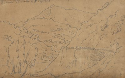 Yläosa: Tavernellen ja Caprianon välillä; Pohja: Bolsena-järvi (grafiitti paperille) tekijältä John Robert Cozens