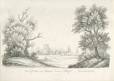 Barton Under Needwood Village: kynä- ja mustepiirustus, 1836 tekijältä John Robert Fernyhough