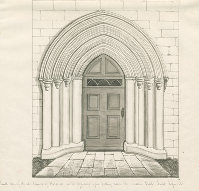 Uttoxeter Church - South Door: kynä- ja pesupiirustus ja [?1800-luvun puoliväli] (piirustus) tekijältä John Robert Fernyhough