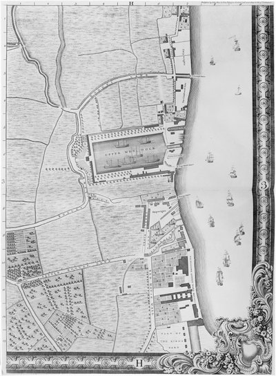 Kartta Lower Rotherhithe Docksista, Lontoo, 1746 (kaiverrus) tekijältä John Rocque