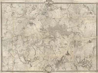 Lontoon kartta 1700-luvulta. Tarkka tutkimus Lontoon kaupungista, Westminster ye Borough of Southwarkista ja maasta noin 10 mailin etäisyydellä alkoi vuonna 1741 ja päättyi vuonna 1745 / John Rocquen maanmittaaja & (kaiverrettu) Richard Parr. tekijältä John Rocque