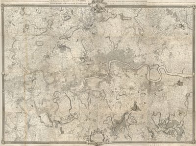 Tarkka katsaus Lontoon, Westminsterin, Southwarkin kaupunginosien ja Ten Miles kierroksen lähellä sijaitsevan maan kaupungeista tekijältä John Rocque