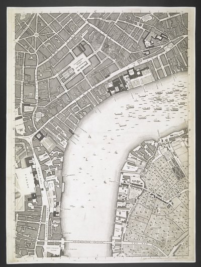 Lontoon suunnitelma, Strand, Westminster-silta,  Suunnitelma Lontoon ja Westminsterin kaupungeista sekä Southwarkin kaupunginosasta; : vierekkäisten rakennusten kanssa; Varsinaisesta tutkimuksesta, / ottanut JOHN ROCQUE, maanmittaus, ja kaivertanut John Pi tekijältä John Rocque