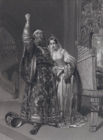 Marino Faliero, Venetsian dogi, uhkaa kostoa vaimonsa Aluycia Gradenigon herjauksesta (kaiverrus) tekijältä John Rogers (after) Herbert