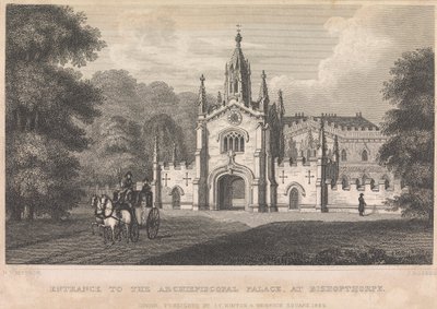 Entrada no Palácio Arquiepiscopal, em Bishopthorpe (publicado por I. T. Hinton); página 34 (Volume Um)finlandês tekijältä John Rogers