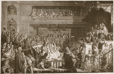 The Acquittal of the Seven Bishops, 1688, kuvitus teoksesta "The Church of England: A History for the People", kirjoittanut H.D.M. Spence-Jones, pubi. n. 1910 (seepiavalokuva) tekijältä John Rogers Herbert