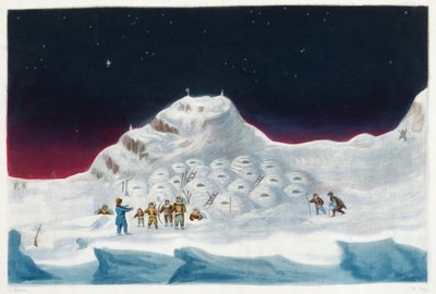 North Hendon, Snow Cottages of the Boothians, kirjasta "Kertomus toisesta matkasta luoteisväylää etsimään (1829-33)", Sir John Ross (1777-1836), kaiverrus William Say (1768-1834) tekijältä John Ross