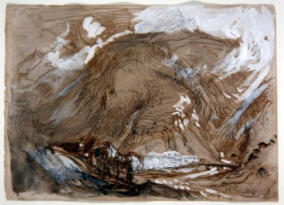 Alpine Valley, n. 1854 (kynä, muste ja akvarelli korostettu valkoisella paperille) tekijältä John Ruskin