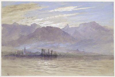 Kevätaamu, koillistuulella, Veveyssä, touko-kesäkuussa 1849 tai 1. toukokuuta 1869 (akvarelli ja vartaloväri grafiitin päällä vaaleanharmaalla kudottupaperilla) tekijältä John Ruskin