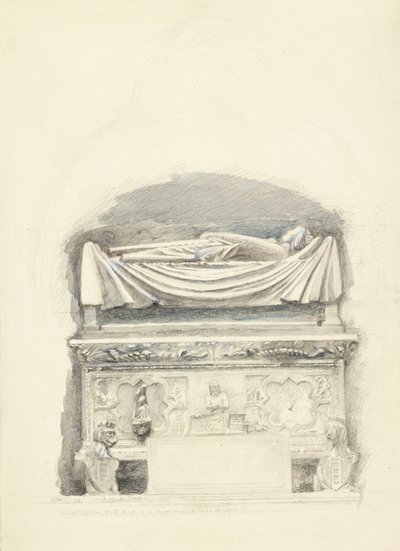 Sarkofagi ja Cangrande I della Scalan haudan kuva, Verona, 21.5.-1.7.1869 (grafiitti, akvarelli ja vartaloväri kudottupaperille) tekijältä John Ruskin