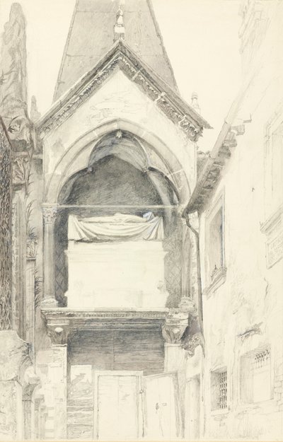 Cangrande I della Scalan hauta, Verona, 28.5.-29.6.1869 (grafiitti, akvarelli ja vartaloväri kudottupaperille) tekijältä John Ruskin