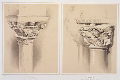 Torcello, laivan pilarin ja Pyhän Markuksen pääkaupunki, pääkaupunki Central Porchista, John Ruskinin teoksesta "Esimerkkejä Venetsian arkkitehtuurista", kaiverrus G. Rosenthal, 1851 tekijältä John Ruskin