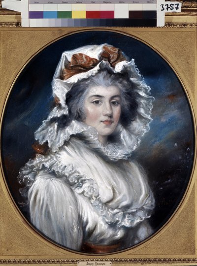 Muotokuva nuoresta naisesta, jolla on korkki (Muotokuva tytöstä korkkiin). John Russellin (1745-1806) piirustus. Pastelli paperille, 1700-luvun toinen puoli. 1700-luvun englantilaista taidetta. Eremitaaši, Pietari. tekijältä John Russel