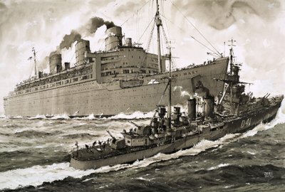 Queen Mary törmää risteilijään Curacoa. tekijältä John S. Smith