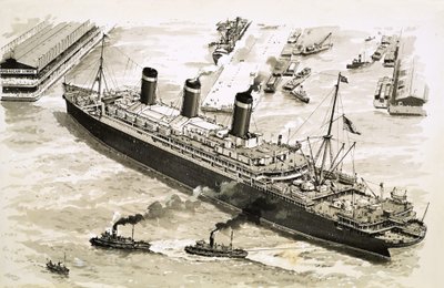 Hinaajat ohjaavat höyrylaiva Leviathania kohti laituria New Yorkin satamassa. tekijältä John S. Smith