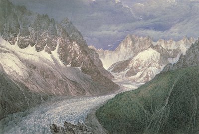 Näkymä Mer de Glacelle, jossa Aiguille du Moine vasemmalla ja Grandes Jorasses etäisyydellä oikealla, 1800-luku tekijältä John Scandrett Harford