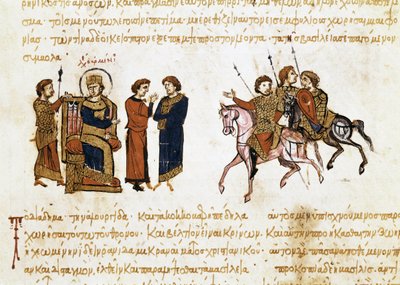 Bysantin keisari Leon V:n armenialaisen kruunaus (775-820), pienoiskuva "Synopsis historiarumista", n. 1126-1150 tekijältä John Scylitzes