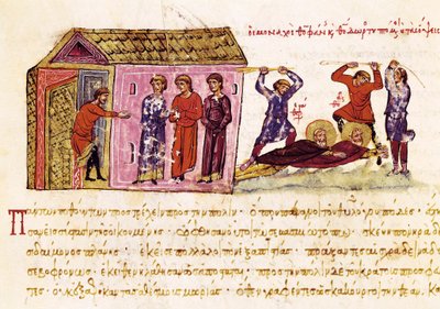 Munkit Saint Theophanes the Rippintäjä (n.759-818) ja Saint Theodore the Studite (759-826) ruoskittiin keisari Theophilen käskystä, pienoiskuva "Synopsis historiarumista", n.1126-1150 tekijältä John Scylitzes