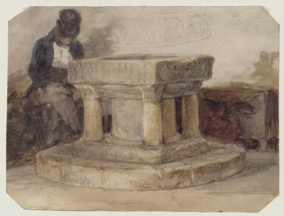 The Font of New Shoreham Church, West Sussex, taiteilija William Scott Brightonista nukkumassa tekijältä John Sell (style of) Cotman