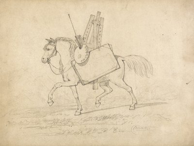 Taiteilijatarvikkeilla ladattu hevonen kävelee vasemmalle (grafiitti paperille) tekijältä John Sell Cotman