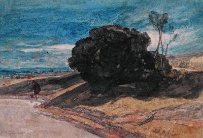 Kalastaja joen rannalla lähellä puurykelmää (vesiväri paperille) tekijältä John Sell Cotman