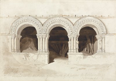 Kaaret St. Georges de Boschervillen luostarin länsipuolella, lähellä Rouenia, Normandiassa, n. 1818 (grafiitti, ruskea pesu ja kynä ja muste paperilla kortilla) (katso 172543) tekijältä John Sell Cotman