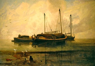 Boats at Anchor, Bladon Water, Norfolk (öljy kankaalle) tekijältä John Sell Cotman