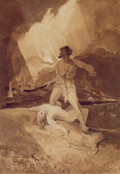Kain ja Abel, 1800-03 (seepianpesu mustan lyijyn päällä) tekijältä John Sell Cotman