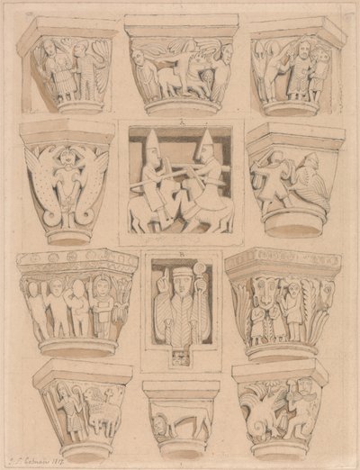 Pääkaupungit ja A & B-basreliefit Saint Georges de Bochervillen luostarikirkossa, lähellä Rouenia, Normandia tekijältä John Sell Cotman