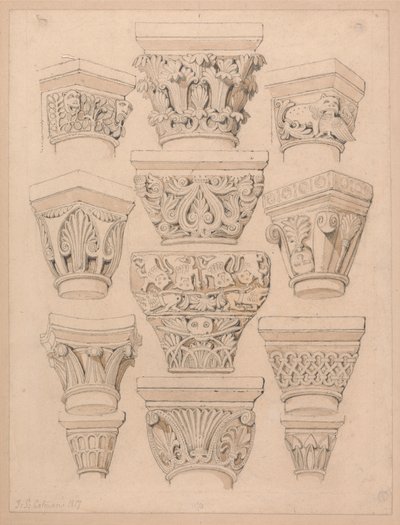Capitals St. Georges de Bochervillen luostarikirkossa, lähellä Rouenia, Normandiassa. tekijältä John Sell Cotman